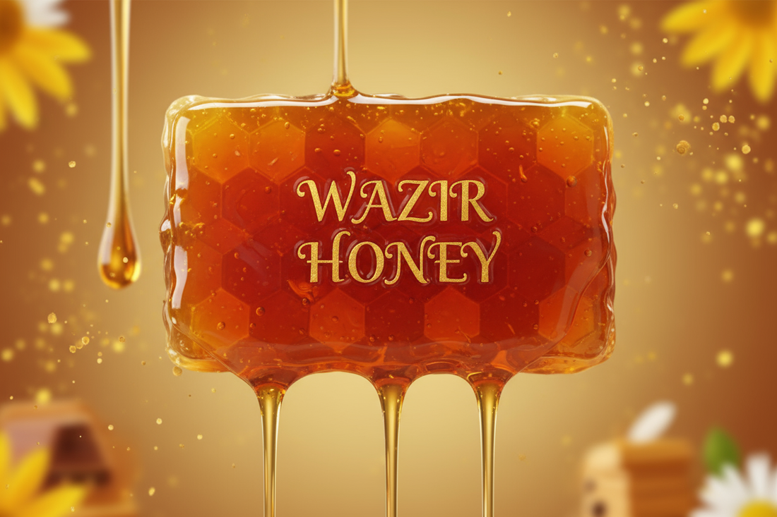 Create an image for honey bar with Mention Wazir Honey ..color should be honey .